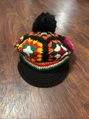 betmar Black Crochet Pom Pom Kids Cap with Multicolor Granny Squares